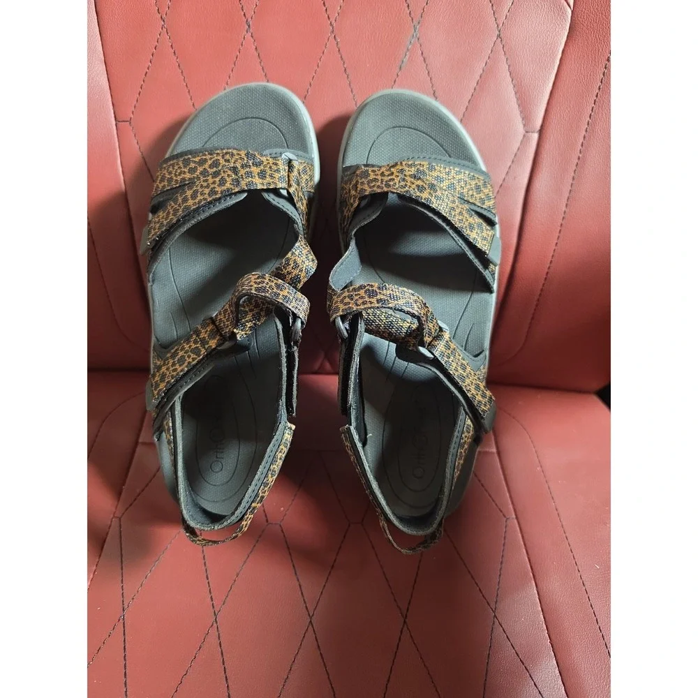 Orthofeet Women's Black/Brown Animal Print Strappy Sandals US 6.5 B Medium